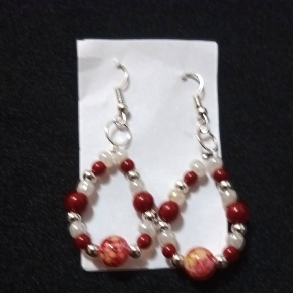 Elegant Handmade Red and White Beaded Earrings